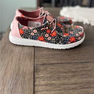 Hey Dude Black and Pink Floral Moccasins